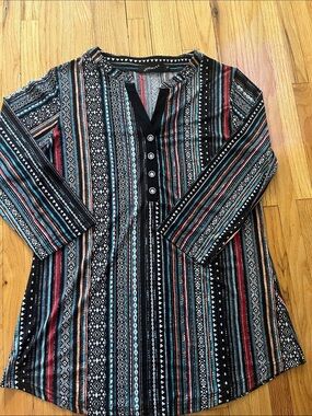 Striped Henley Tunic with Aztec Print - Black, Teal & Rust